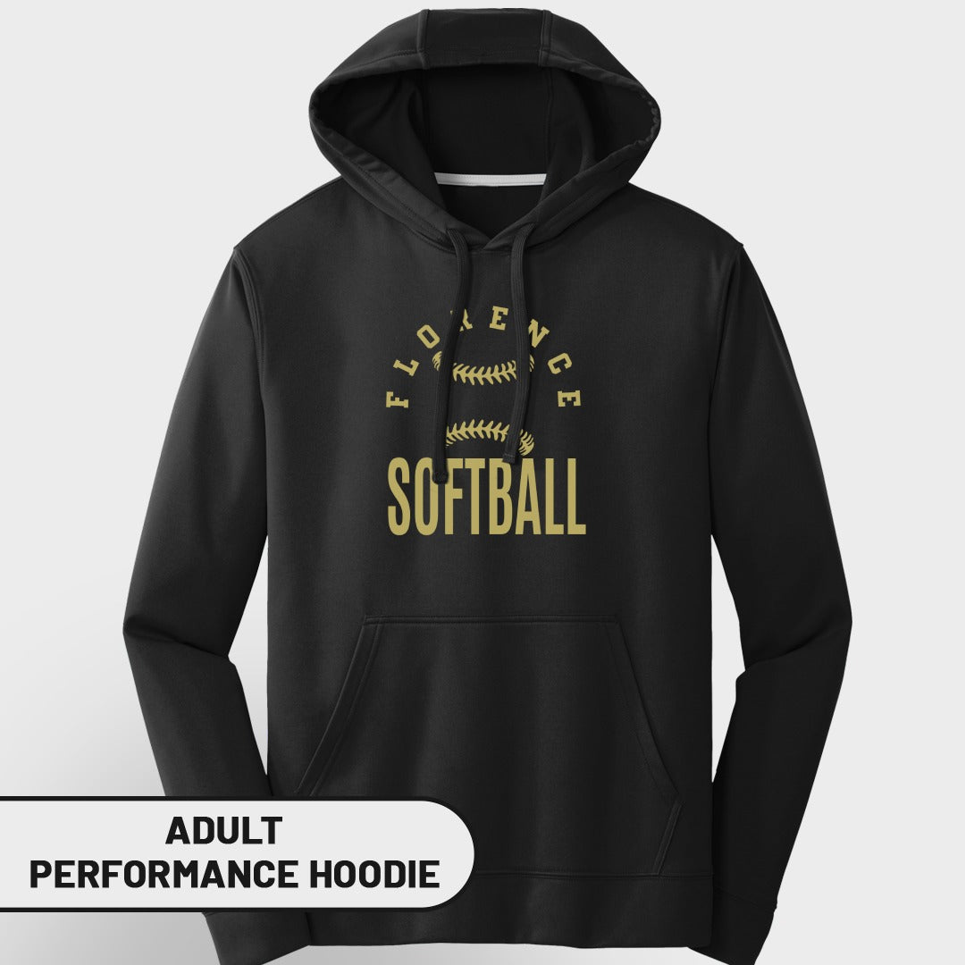 Black adult performance hoodie with gold "Florence Softball" graphic and baseball stitching.