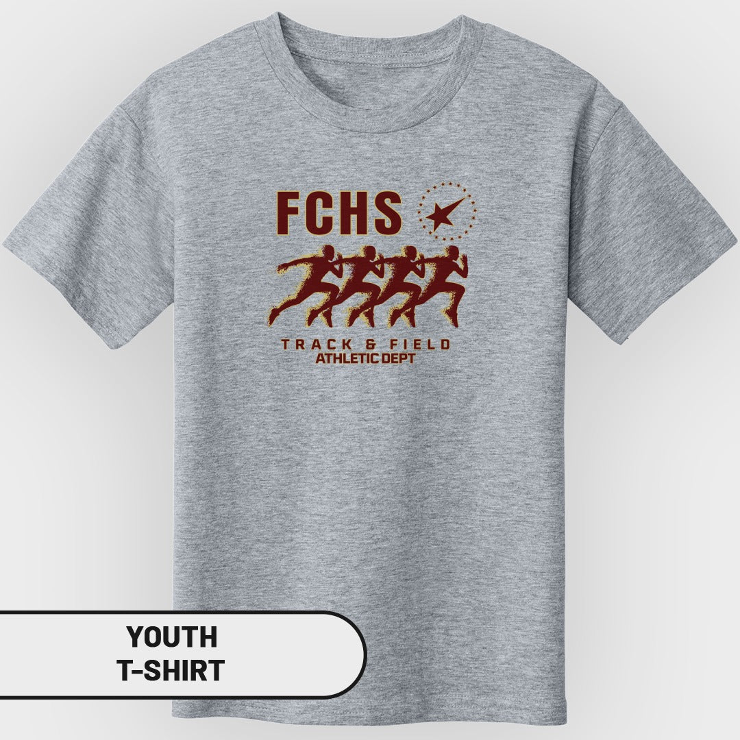 Grey youth t-shirt with FCHS Track & Field Athletic Dept graphic.