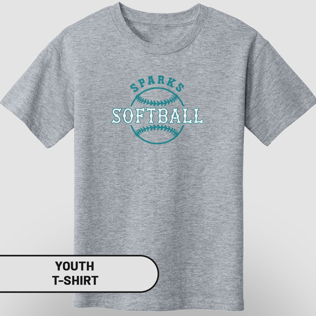 Youth grey t-shirt with "SPARKS SOFTBALL" teal text and logo.