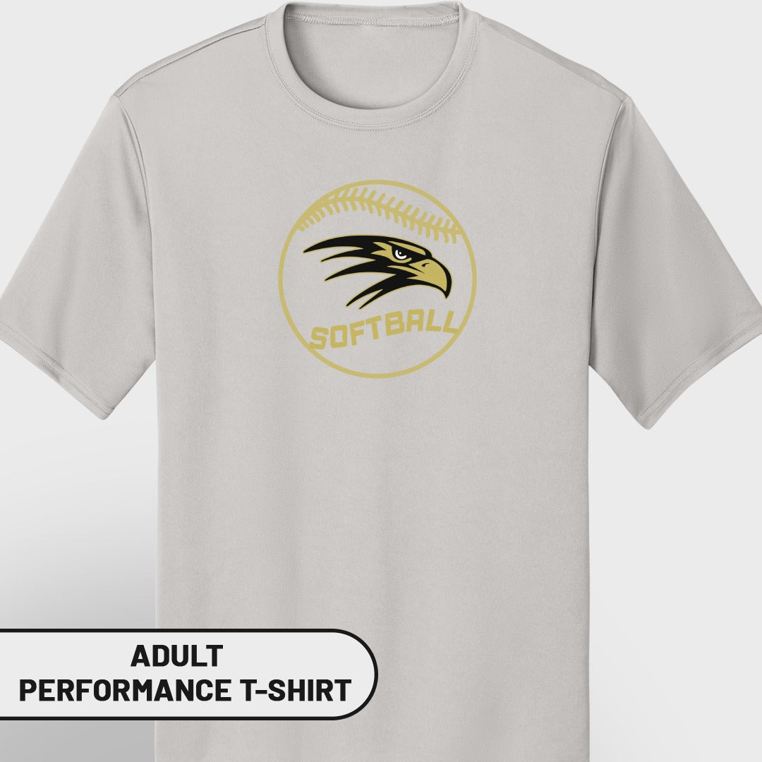 Light grey adult performance t-shirt with gold softball and eagle graphic.