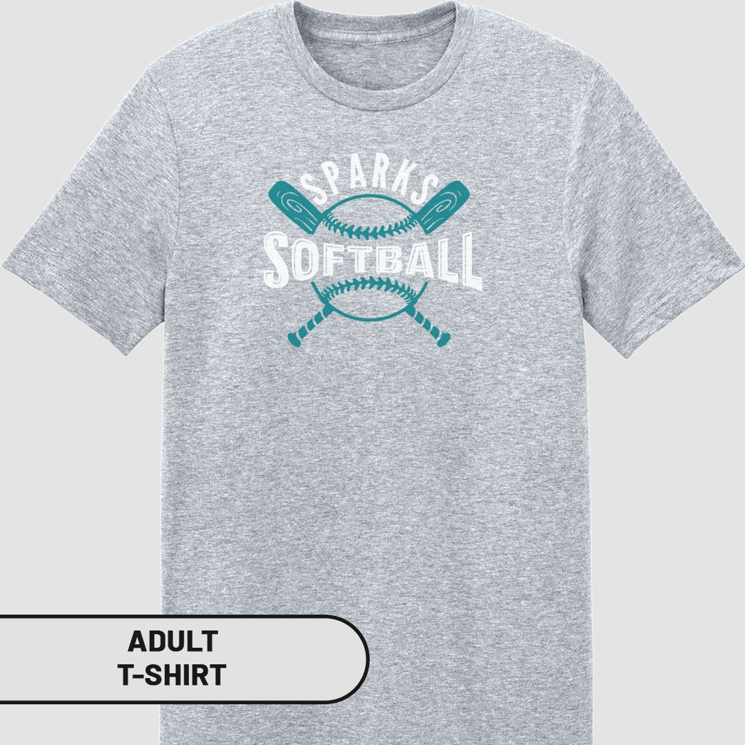 Gray adult t-shirt with "SPARKS SOFTBALL" and crossed bats logo.