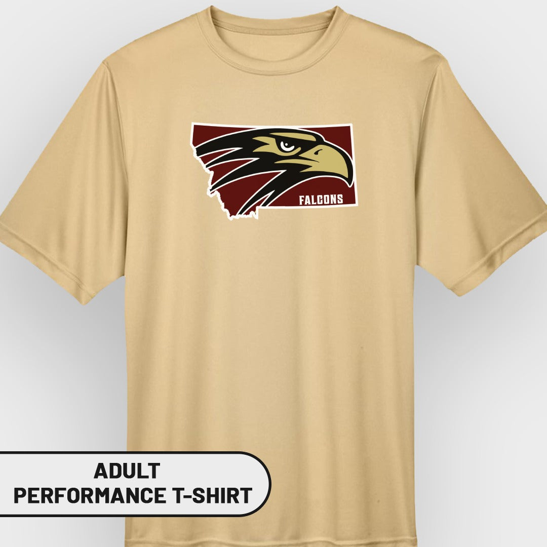 Tan t-shirt with Montana map featuring a falcon logo and "FALCONS" text.