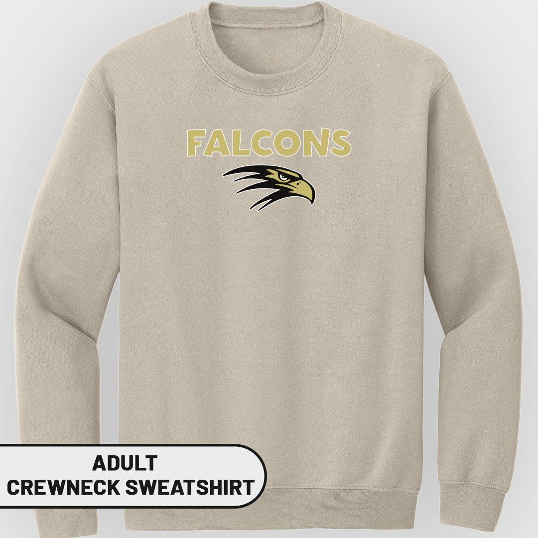 Tan adult crewneck sweatshirt with gold "FALCONS" text and eagle logo.