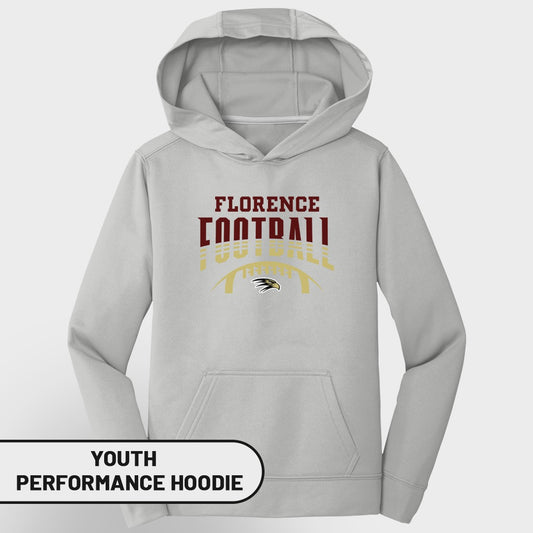 Light gray youth performance hoodie with Florence Football graphic and eagle logo.