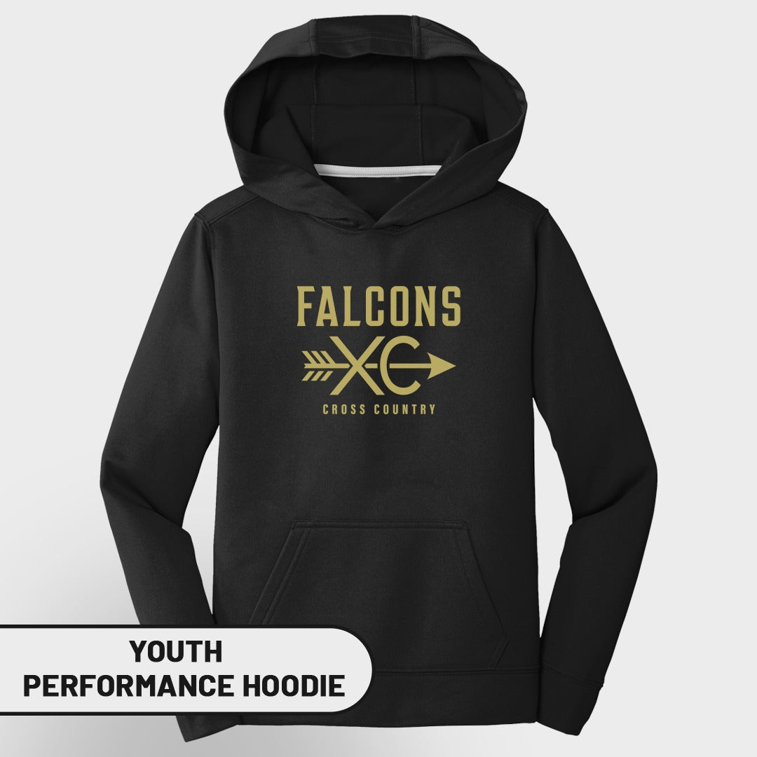 Black youth performance hoodie with gold Falcons XC cross country graphic.