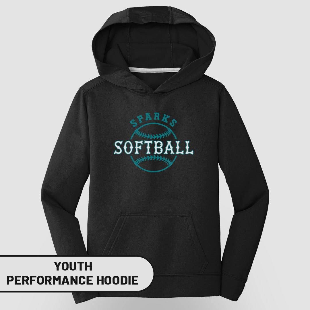 Youth black performance hoodie with Sparks Softball logo.