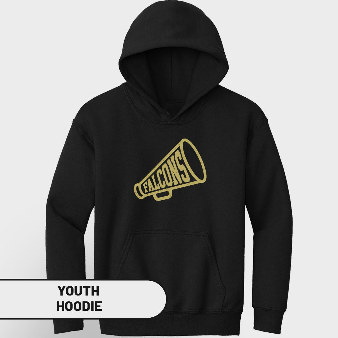 Black youth hoodie with a gold megaphone graphic that says "FALCONS".