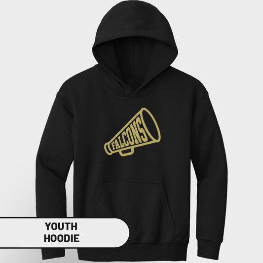 Black youth hoodie with a gold megaphone graphic that says "FALCONS".