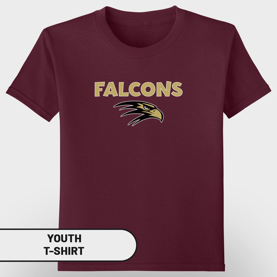 Maroon youth t-shirt with "Falcons" text and eagle graphic.