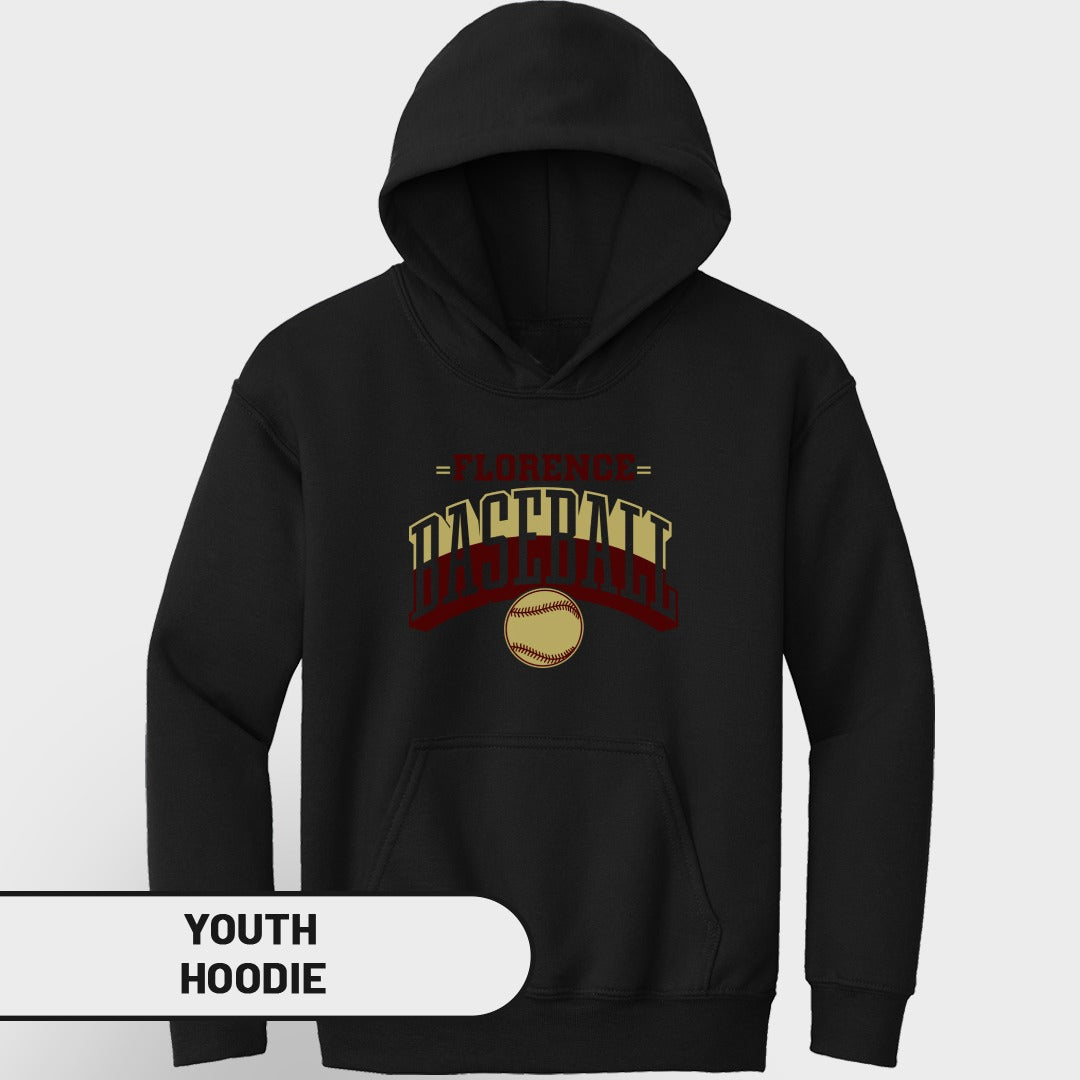 Black youth hoodie with "Florence" and "Baseball" graphics and a baseball.
