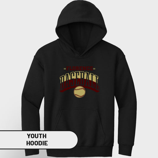 Black youth hoodie with "Florence" and "Baseball" graphics and a baseball.