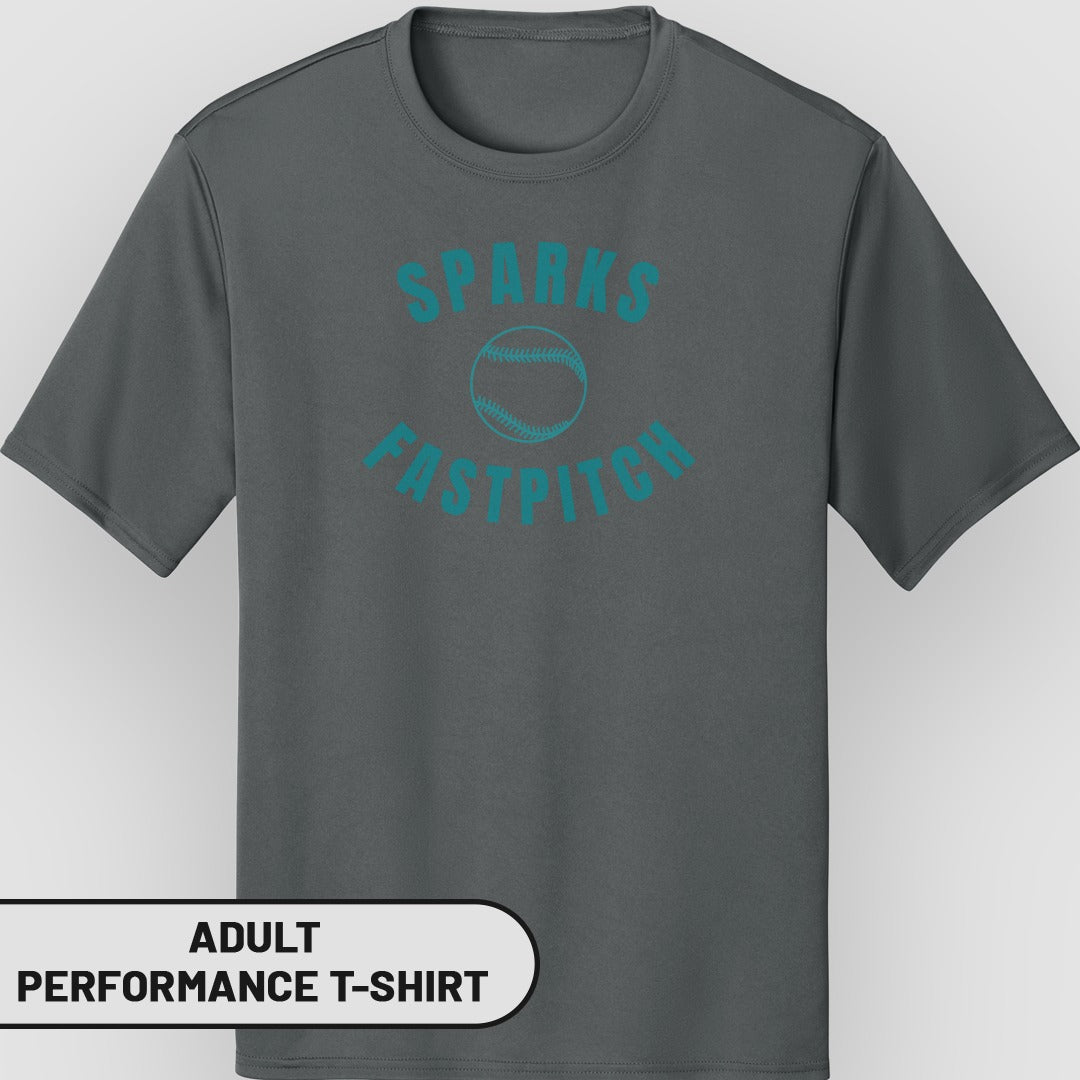 Adult performance t-shirt with "SPARKS FASTPITCH" logo.