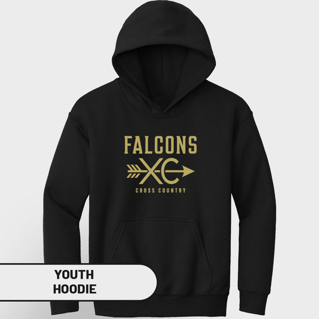 Black youth hoodie with "Falcons XC Cross Country" text and logo design.