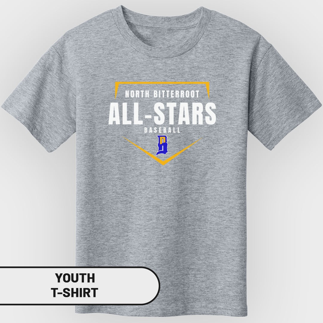 Youth t-shirt with "North Bitterroot All-Stars Baseball" text and a blue 'D' logo.