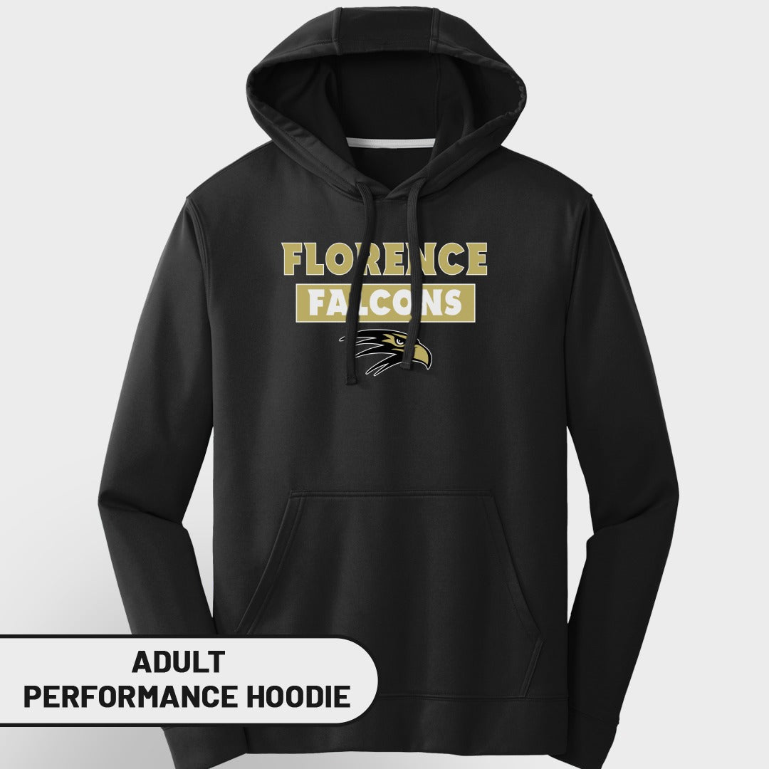 Black adult performance hoodie with "Florence Falcons" text and eagle logo.