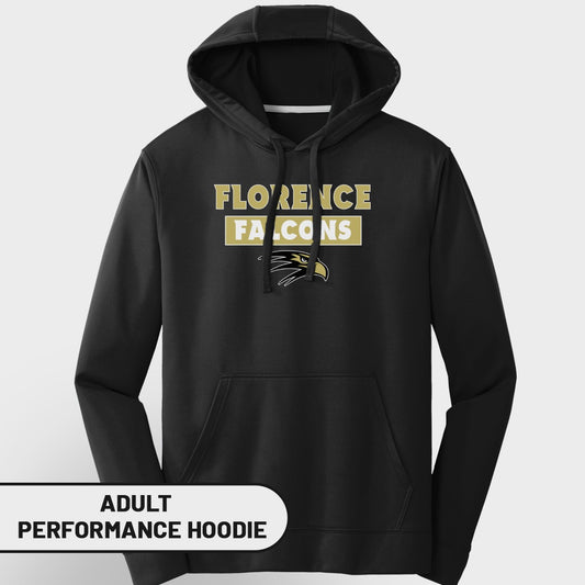 Black adult performance hoodie with "Florence Falcons" text and eagle logo.