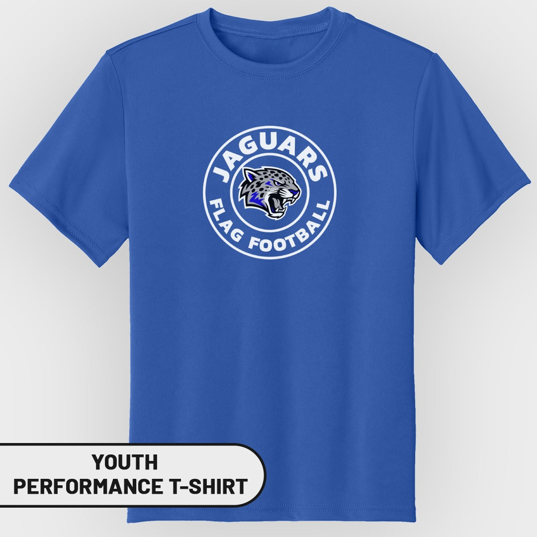 Blue youth performance t-shirt with Jaguars flag football logo.