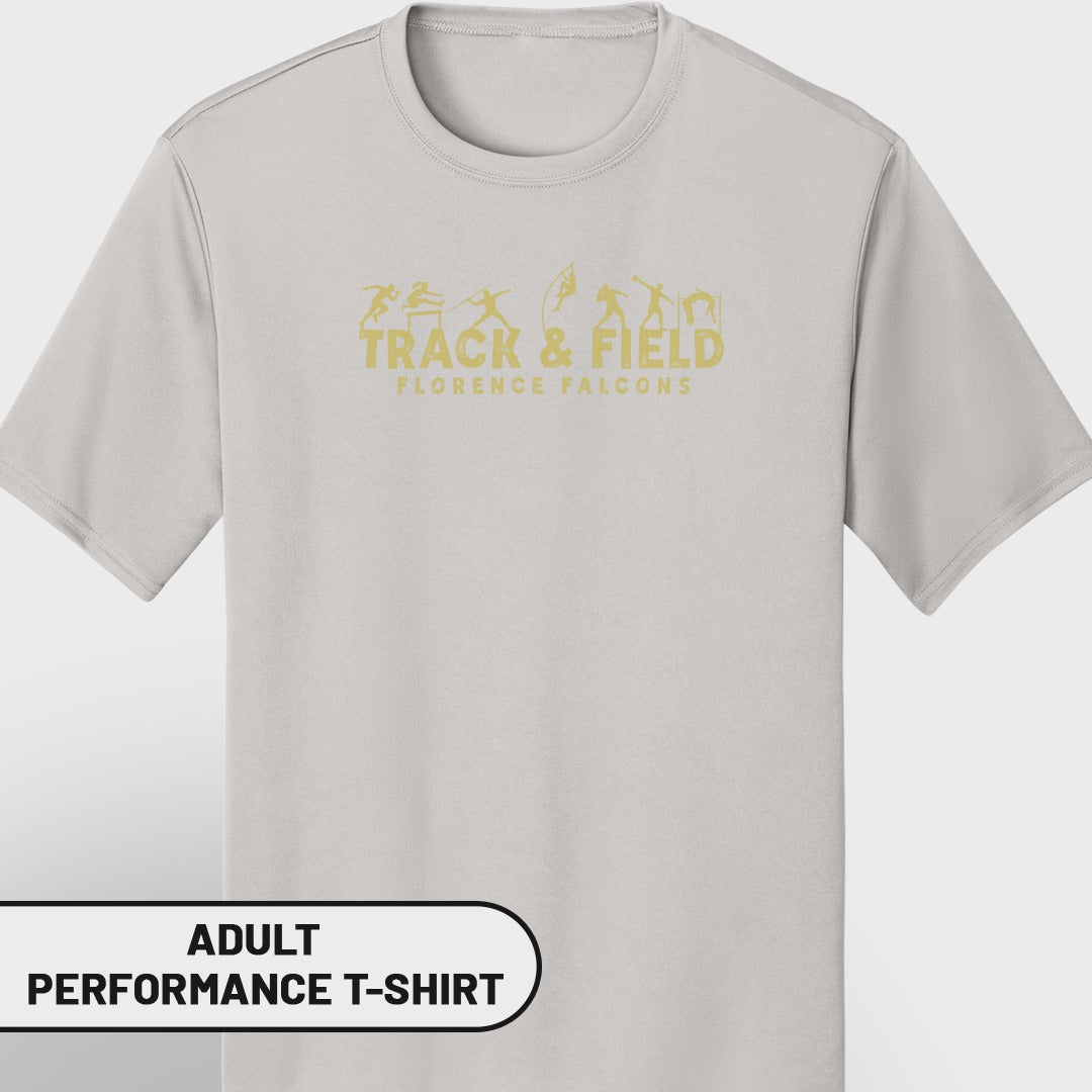 Light grey t-shirt with gold "Track & Field Florence Falcons" text and silhouettes.