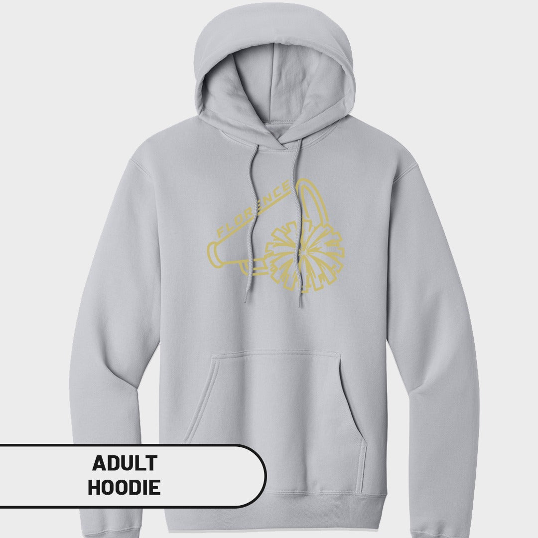Light gray adult hoodie with "Florence" text and megaphone and pom-pom graphic.