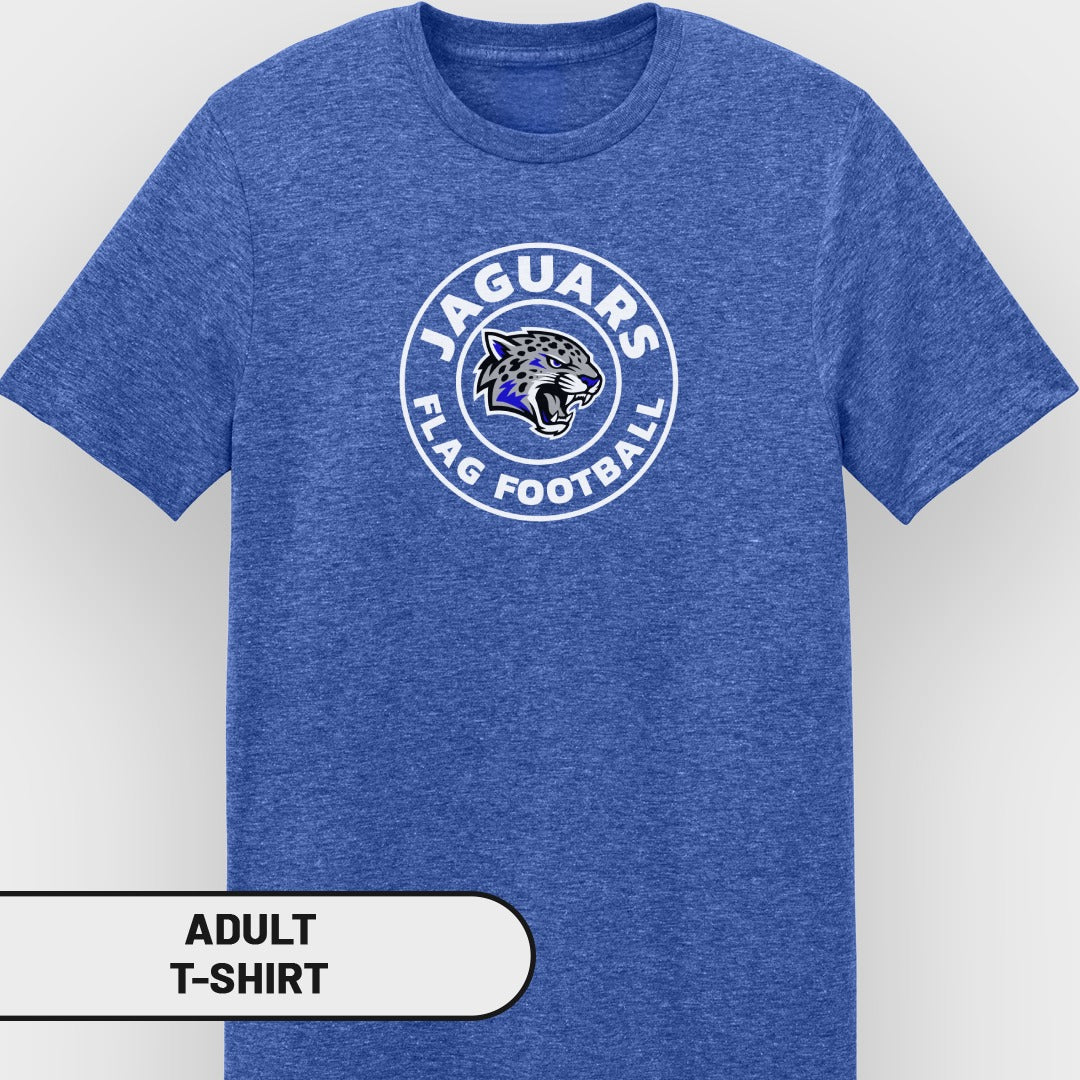 Blue adult t-shirt with "Jaguars Flag Football" logo featuring a jaguar head.