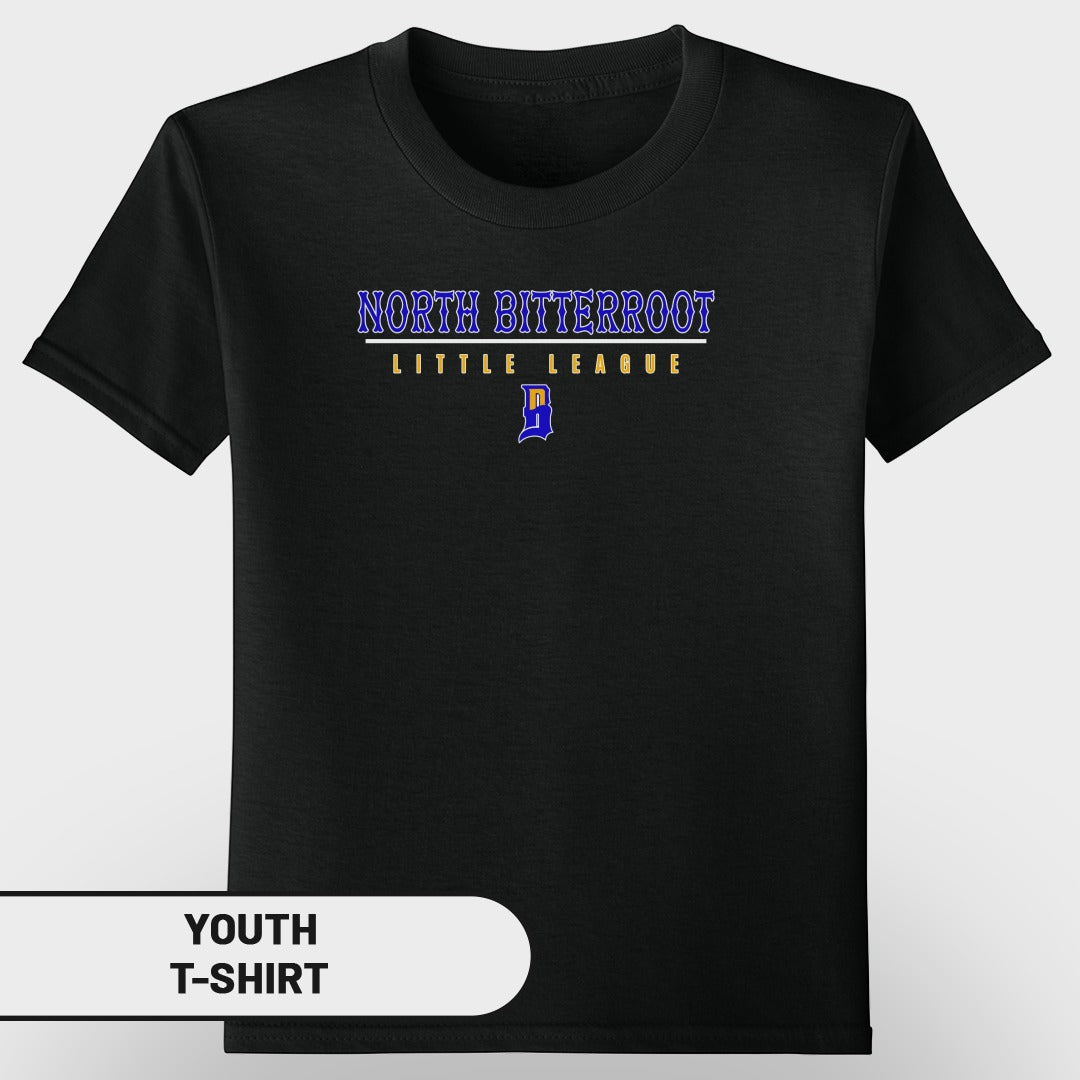 Black youth t-shirt with "NORTH BITTERROOT" and "LITTLE LEAGUE" text.