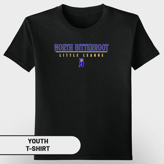 Black youth t-shirt with "NORTH BITTERROOT" and "LITTLE LEAGUE" text.