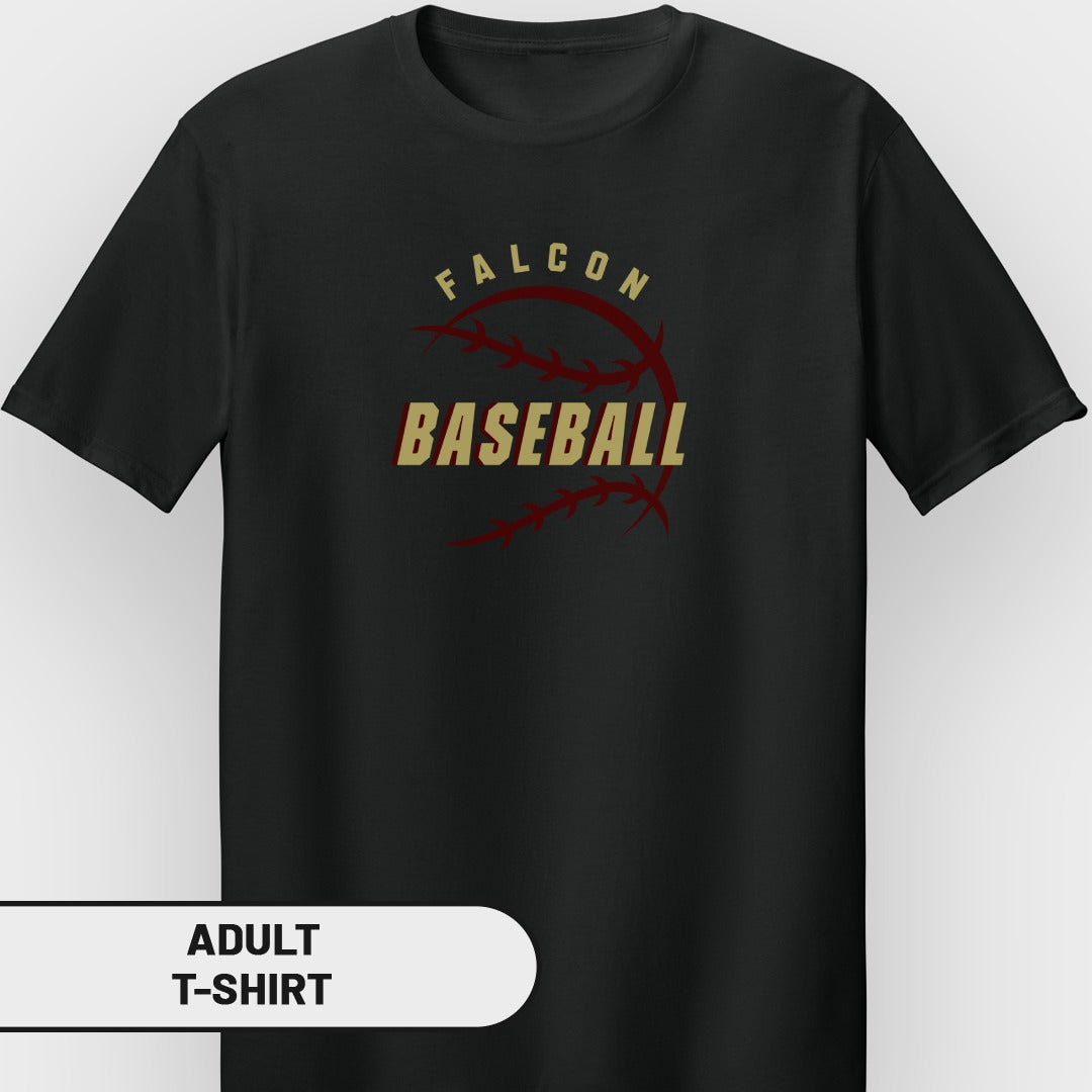 Black adult t-shirt with "FALCON BASEBALL" text and baseball graphic.