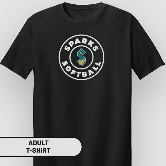 Black adult t-shirt with circular "SPARKS SOFTBALL" logo featuring an "S".