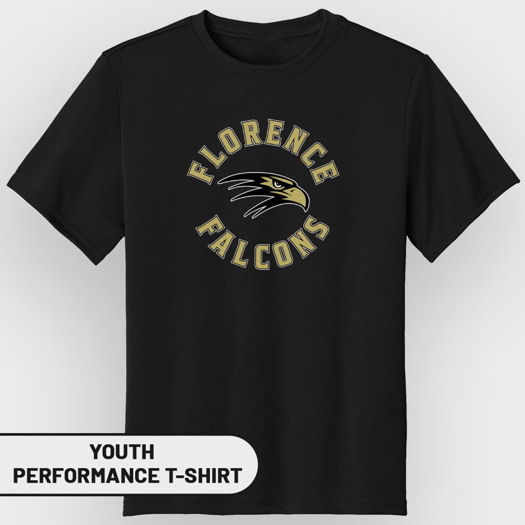 Black youth performance t-shirt with "Florence Falcons" and eagle head logo.