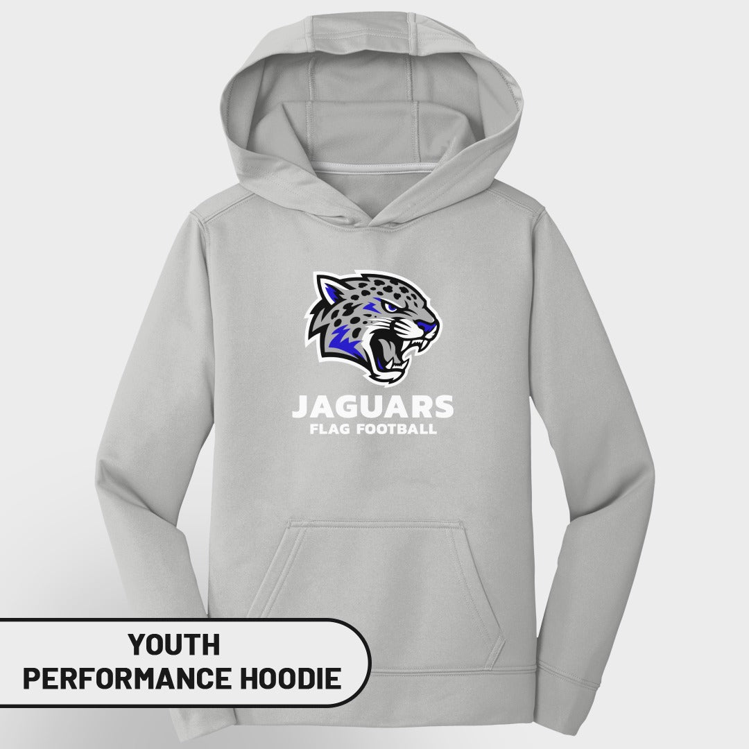 Youth gray performance hoodie with Jaguars flag football logo.