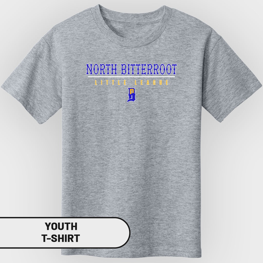 Youth t-shirt with "North Bitterroot Little League" and a blue "D" logo.