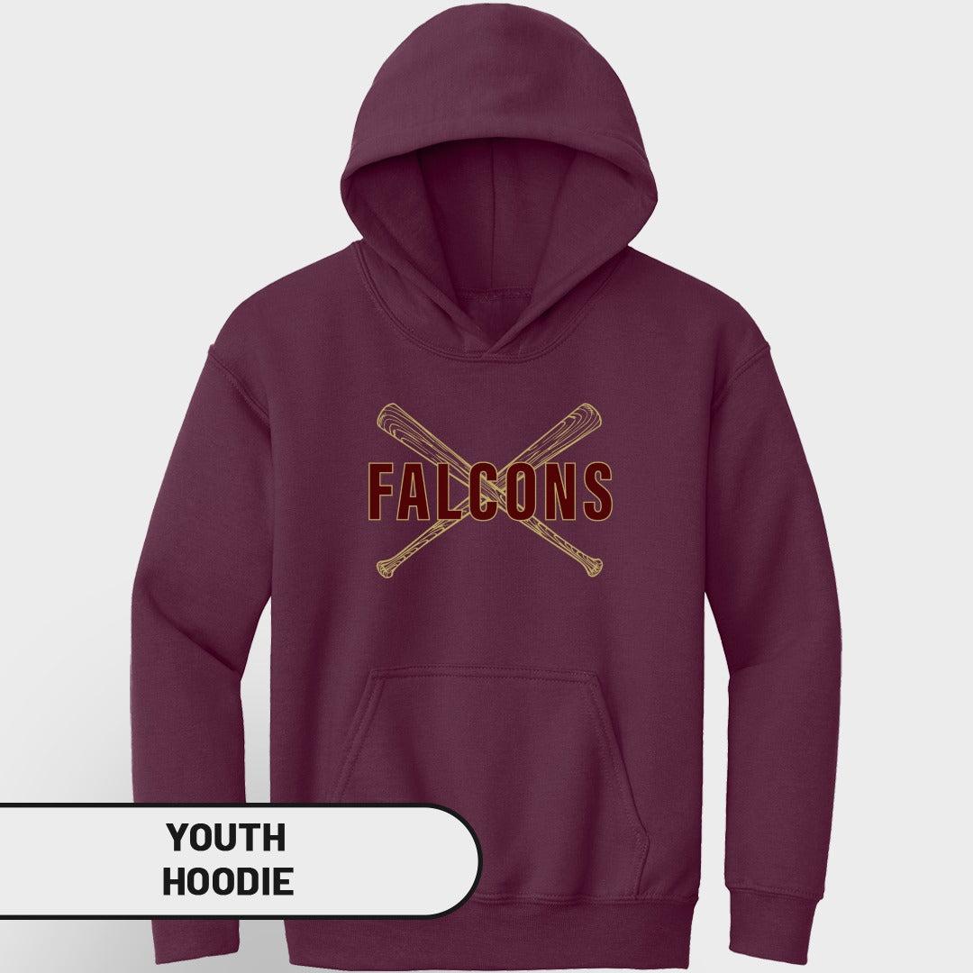 Maroon youth hoodie with crossed baseball bats and "FALCONS" text.