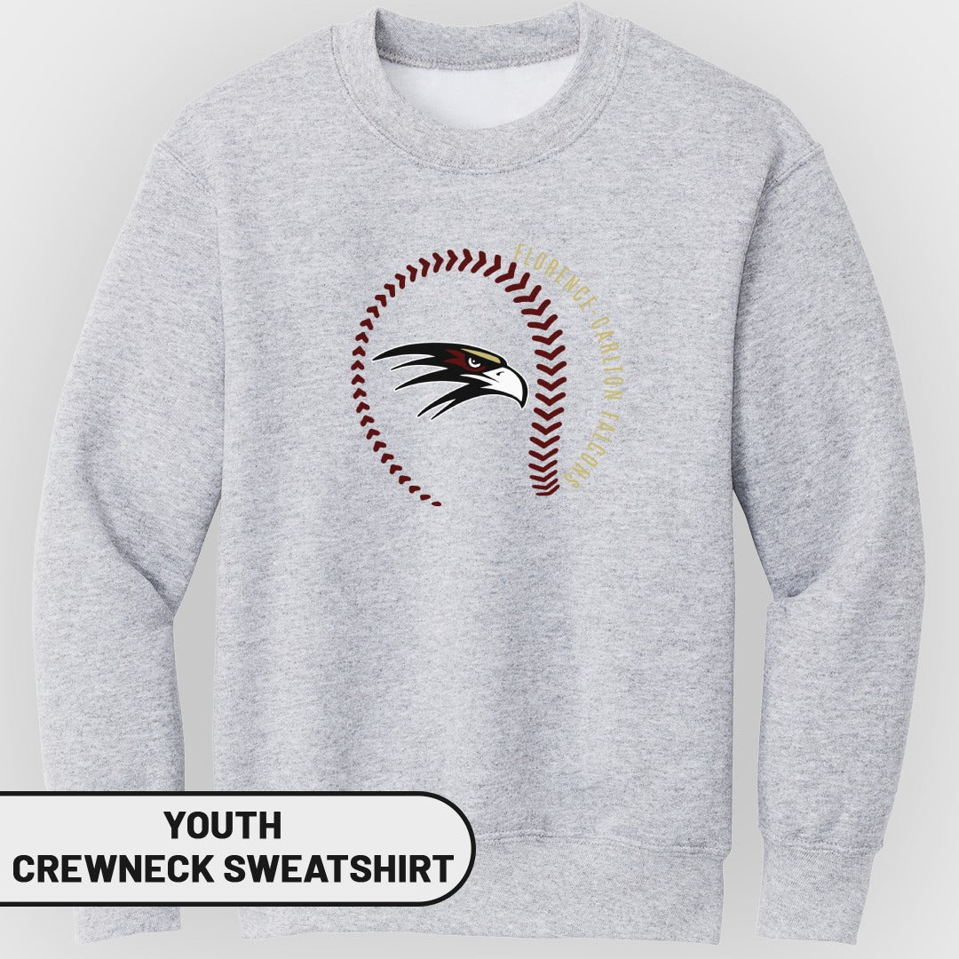 Heather gray youth crewneck sweatshirt featuring a falcon head graphic inside red baseball stitches and gold text.