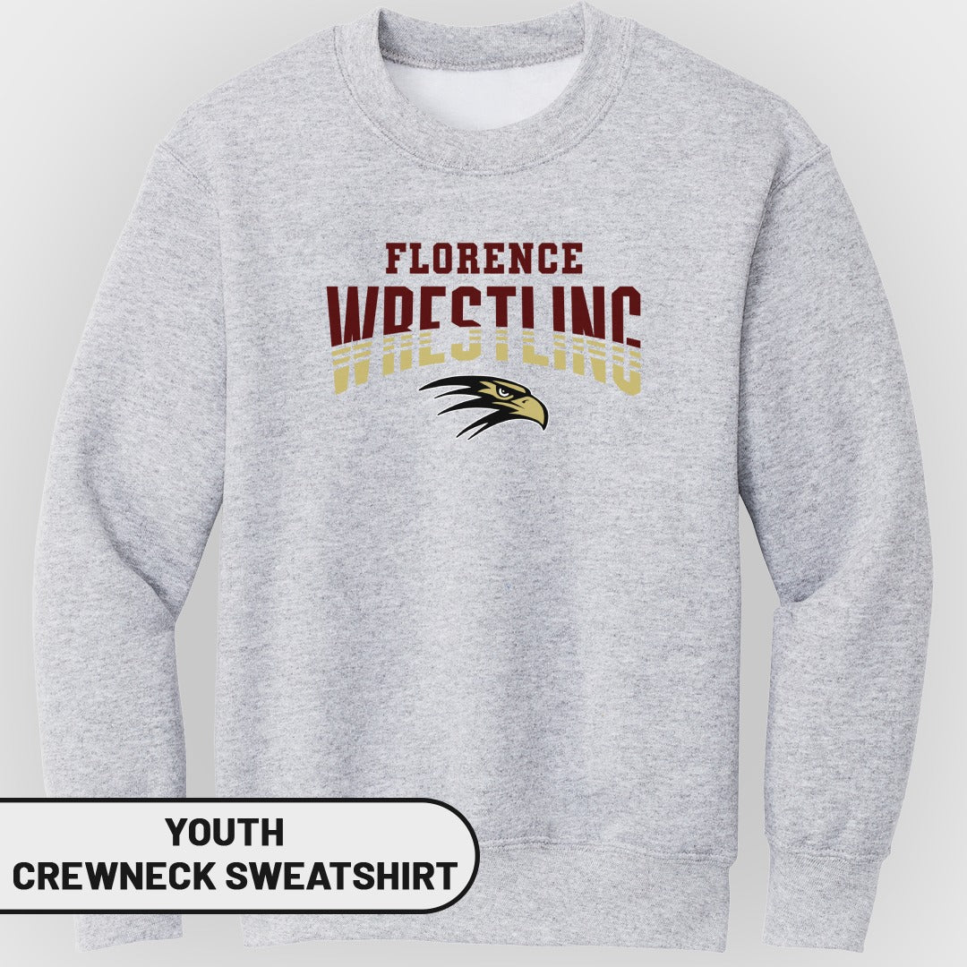 Youth crewneck sweatshirt with "Florence Wrestling" text and an eagle graphic.