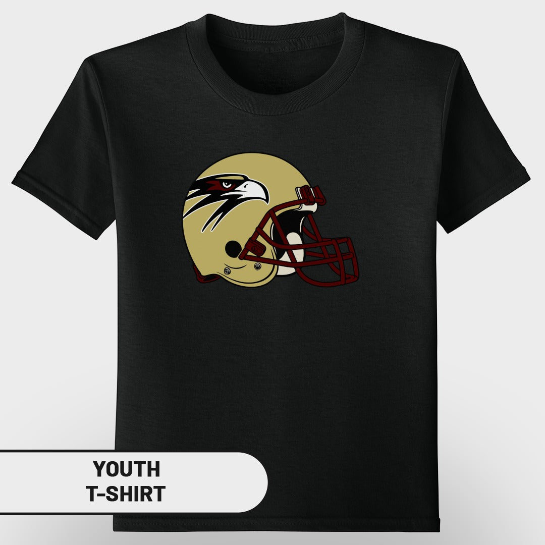 Black youth t-shirt with gold football helmet featuring an eagle design.