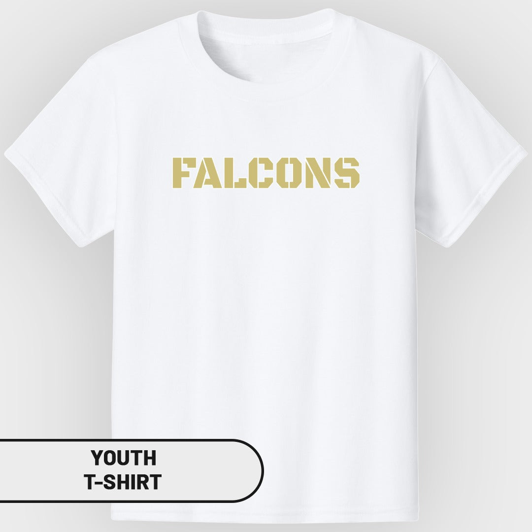 White youth t-shirt with gold "FALCONS" graphic.