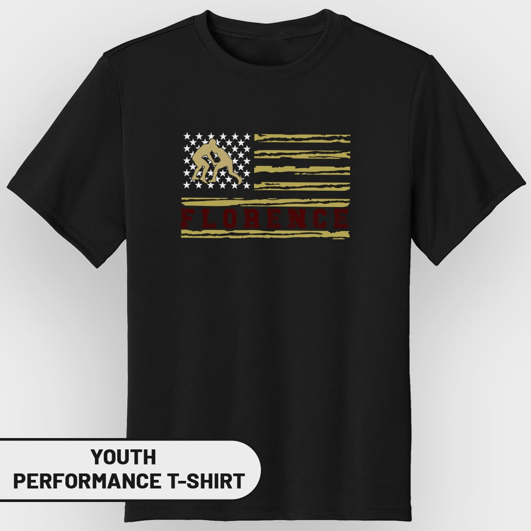 Black youth performance t-shirt with distressed American flag graphic and "FLORENCE" text.