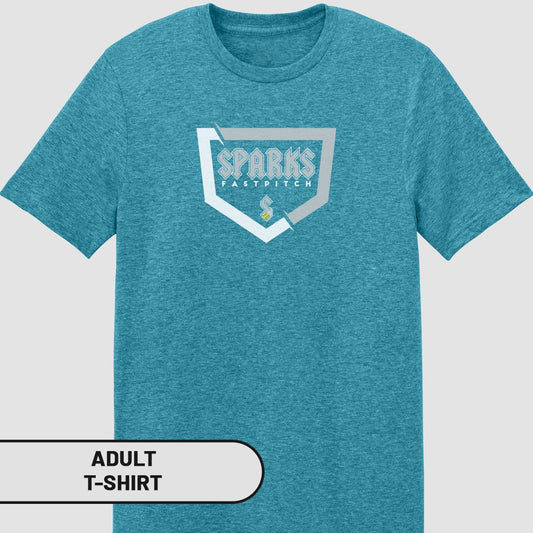 Teal adult t-shirt with white Sparks Fastpitch logo on chest.