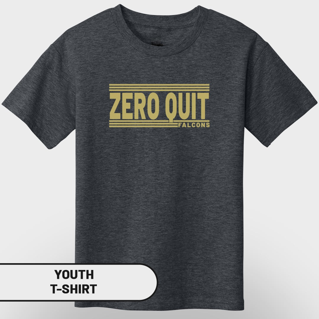 Dark grey youth t-shirt with "ZERO QUIT FALCONS" graphic in gold.