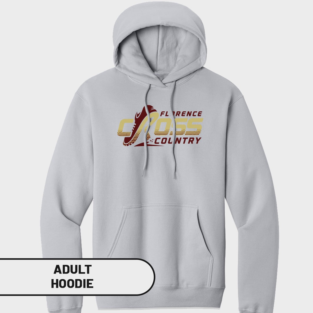 Light gray adult hoodie with Florence Cross Country graphic on chest.