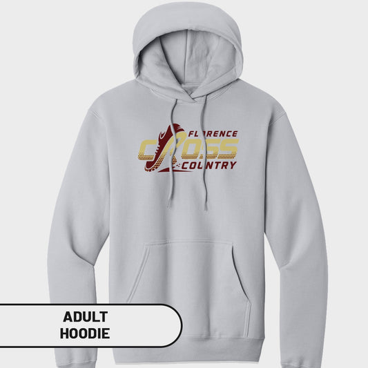 Light gray adult hoodie with Florence Cross Country graphic on chest.
