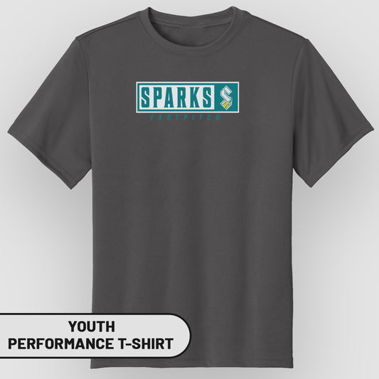 Dark grey youth performance t-shirt with "SPARKS FASTPITCH" logo.