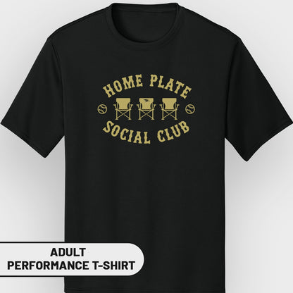 Black adult performance t-shirt with "Home Plate Social Club" graphic.