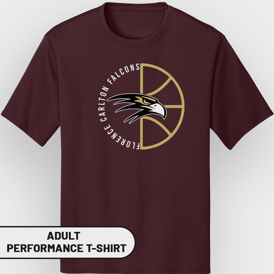 Maroon adult performance t-shirt with Carlton Falcons logo and basketball design.