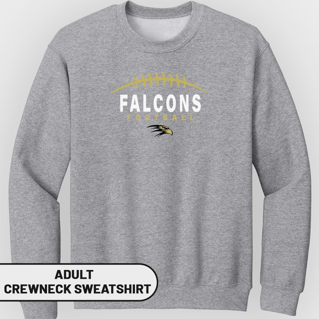 Adult crewneck sweatshirt with "Falcons Football" text and a hawk graphic.