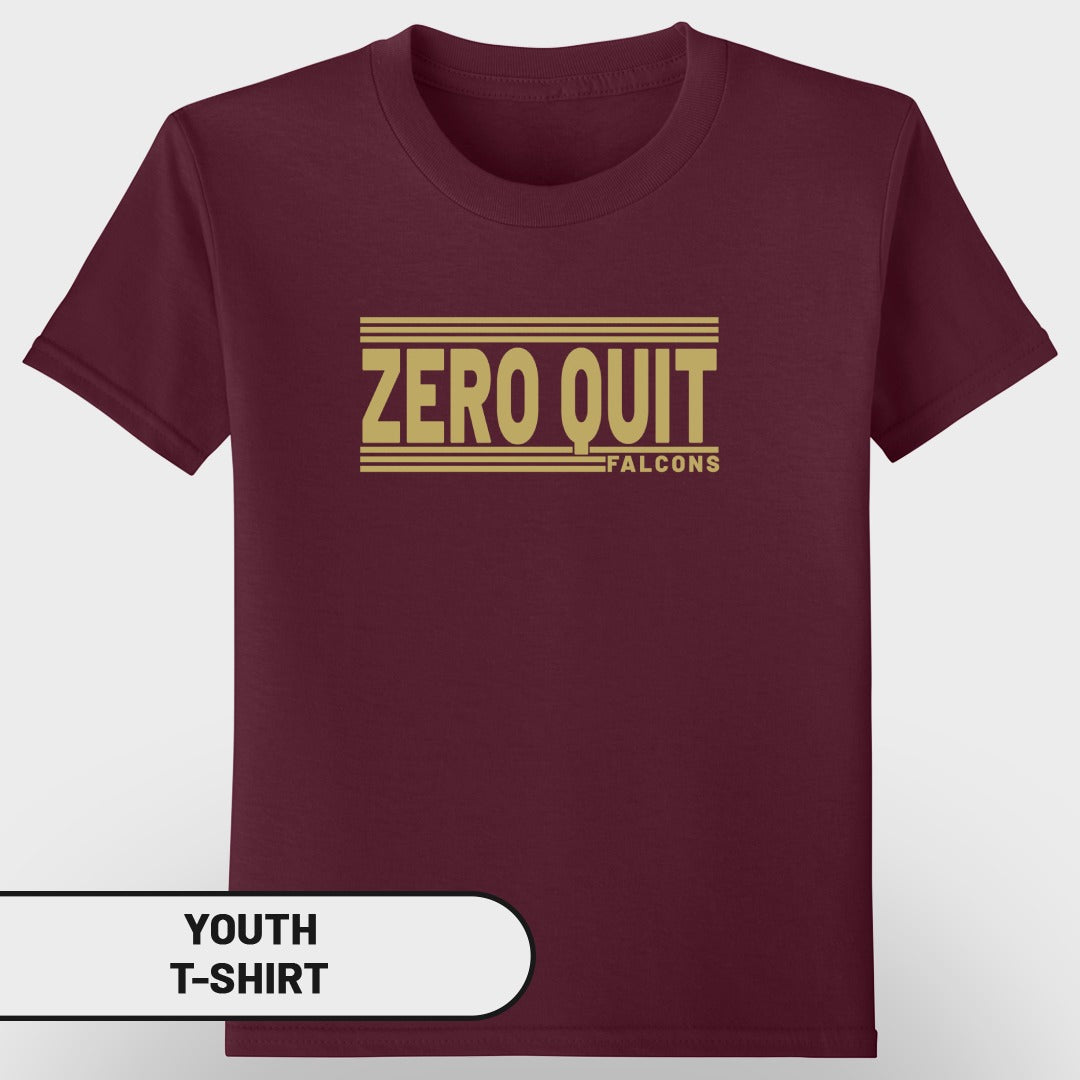 Maroon youth t-shirt with gold "ZERO QUIT FALCONS" graphic.