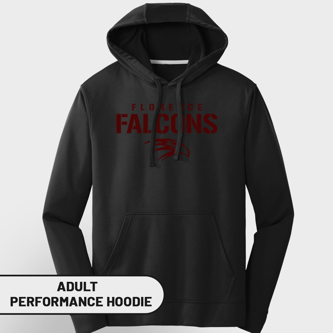 Black adult performance hoodie with "Florence Falcons" and falcon logo.