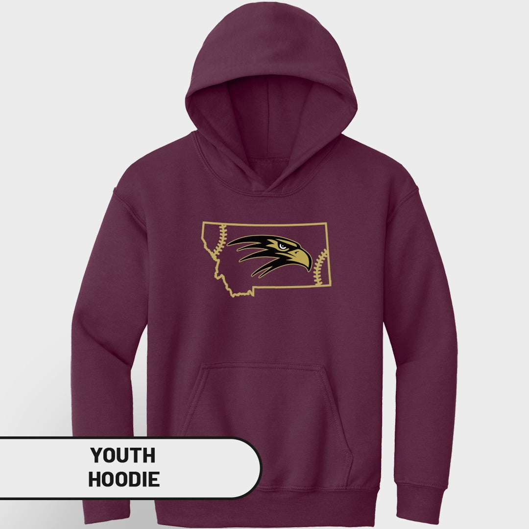 Maroon youth hoodie with Montana outline featuring baseball stitching and an eagle head logo.