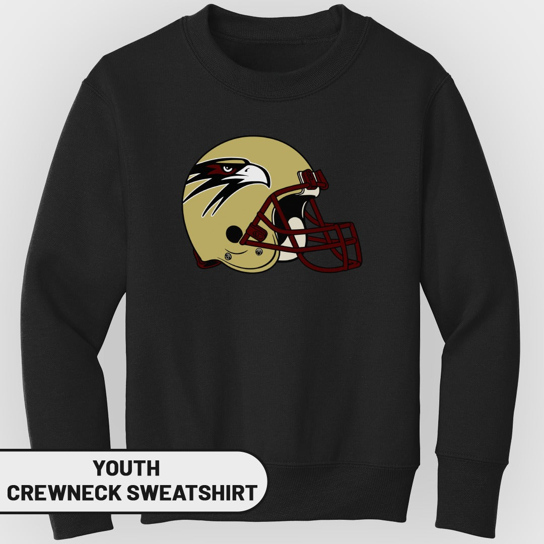 Black youth crewneck sweatshirt with a gold football helmet featuring an eagle design.
