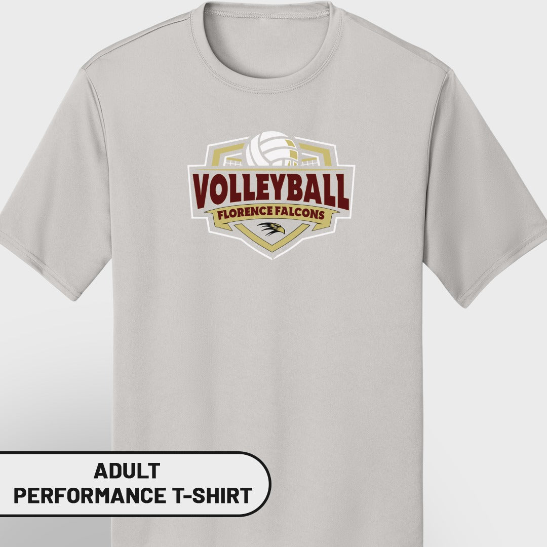 Light gray adult performance t-shirt with volleyball and Florence Falcons logo.